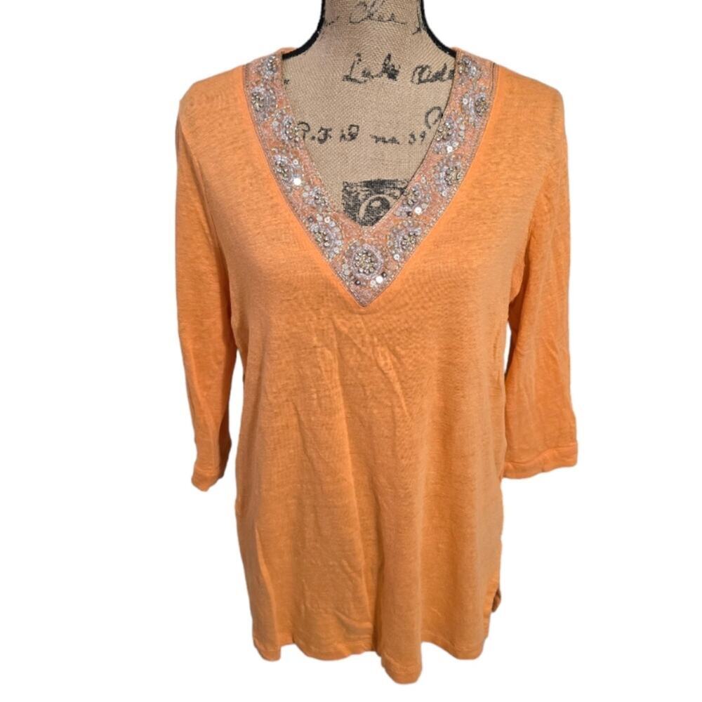 Chico's Orange Linen Sequin Silver Trim V-Neck Tunic Size 2 Medium